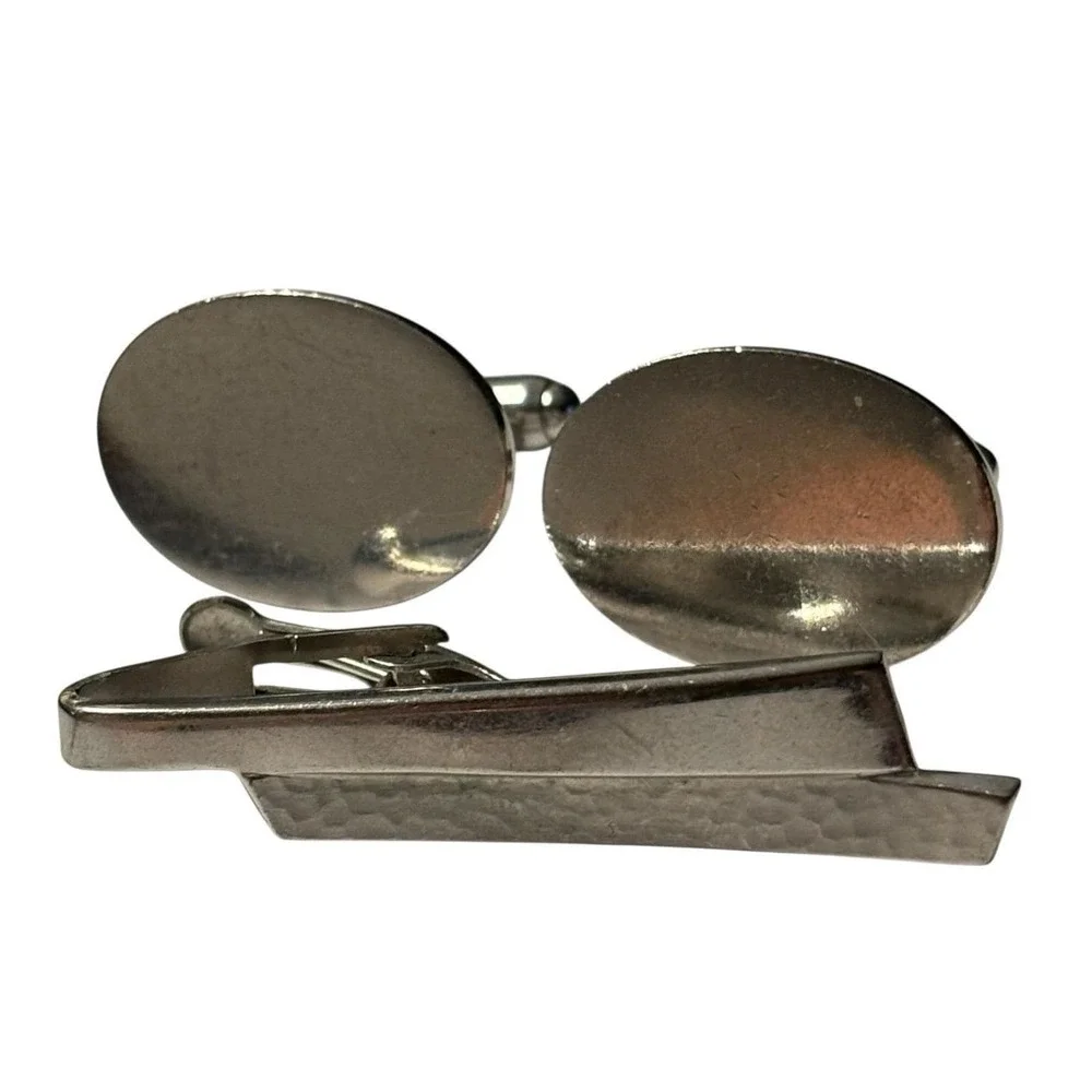 Vintage Cufflinks Tie Bar Signed Anson & Foster Mens Silver‎ Tone Classic Formal